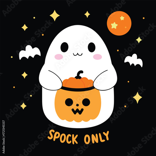 Papier peint Adorable ghost holding a pumpkin with spock only text on black background, perfe