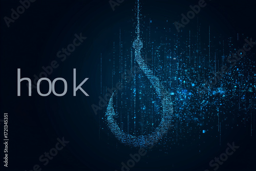 Cybersecurity Hook Made of Binary Code on Dark Background, symbolizing phishing and cyber threats
