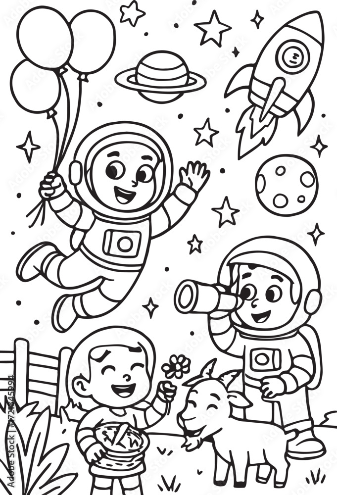 Fototapeta premium A fun vector cartoon set of children in the snow and around the world, perfect for a children's coloring book or funny fairy tale illustration