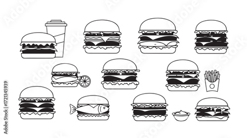 Collection of delicious hand drawn fast food burgers and fries ready for your design silhouette