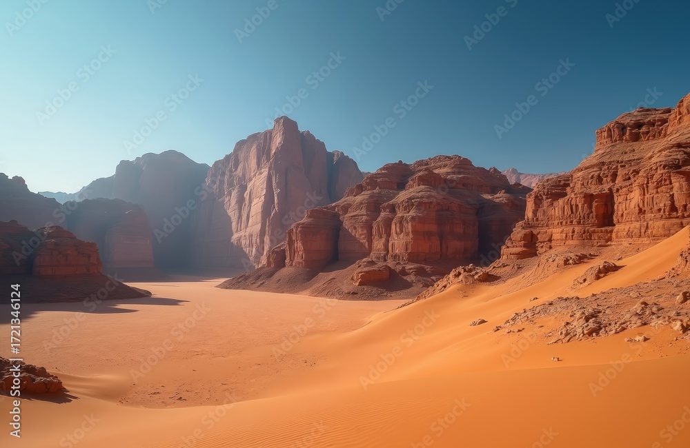 Fototapeta premium Explore Wadi Rum desert, Jordan, with orange sand dunes, rocky sandstone mountains under clear blue sky. Arid Middle Eastern landscape offers adventure, natural beauty, perfect destination for tours,