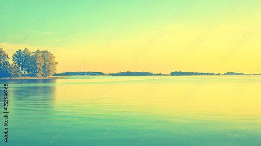 Fototapeta premium Serene lake vista at sunrise, soft focus