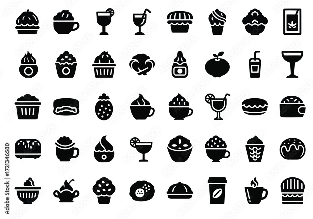Fototapeta premium Collection of black icons representing various desserts, drinks, and food items, isolated on a