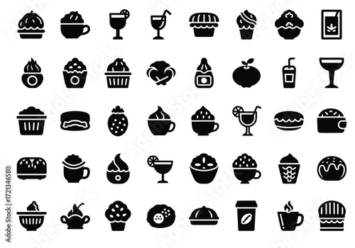 Collection of black icons representing various desserts, drinks, and food items, isolated on a
