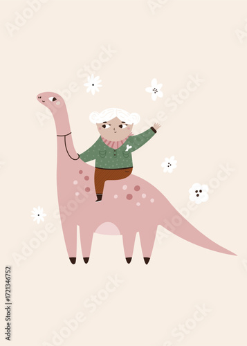 Cute Girl Riding Dinosaur. Adventure Theme Vector Illustration for Kids Print, Frame Art, Nursery Decoration