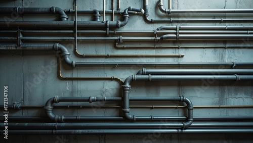 Industrial gray steel plumbing pipes on a concrete wall geometric structure