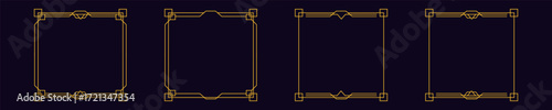 Set of four elegant golden geometric frames on a dark background, perfect for vintage design projects.