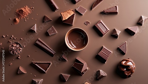 Chocolate pieces and melted chocolate cup on brown background overhead view