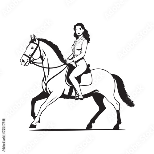 Black and white line art of a beautiful woman with perfect body riding horse elegant minimalist illustration