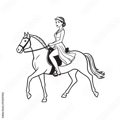 Black and white line art of a beautiful woman with perfect body riding horse elegant minimalist illustration