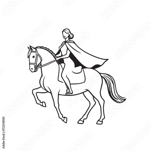 Black and white line art of a beautiful woman with perfect body riding horse elegant minimalist illustration