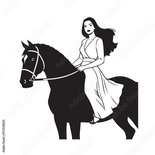 Black and white line art of a beautiful woman with perfect body riding horse elegant minimalist illustration