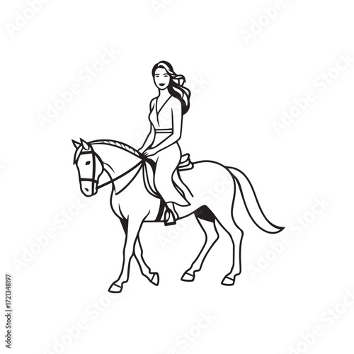 Black and white line art of a beautiful woman with perfect body riding horse elegant minimalist illustration