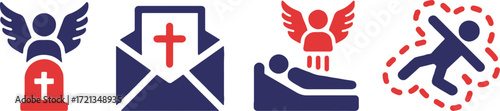 angel, tombstone, grave, death, afterlife, invitation, letter, cross, religion, christianity, sick, illness, bed, patient, falling, injury, icon, symbol, graphic, design, illustration, vector, red, bl