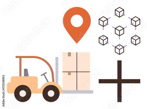 Forklift moving packages, geolocation pinpoint, digital network cubes, and add symbol. Ideal for logistics, supply chain, transportation, inventory warehouse distribution global trade. Simple flat