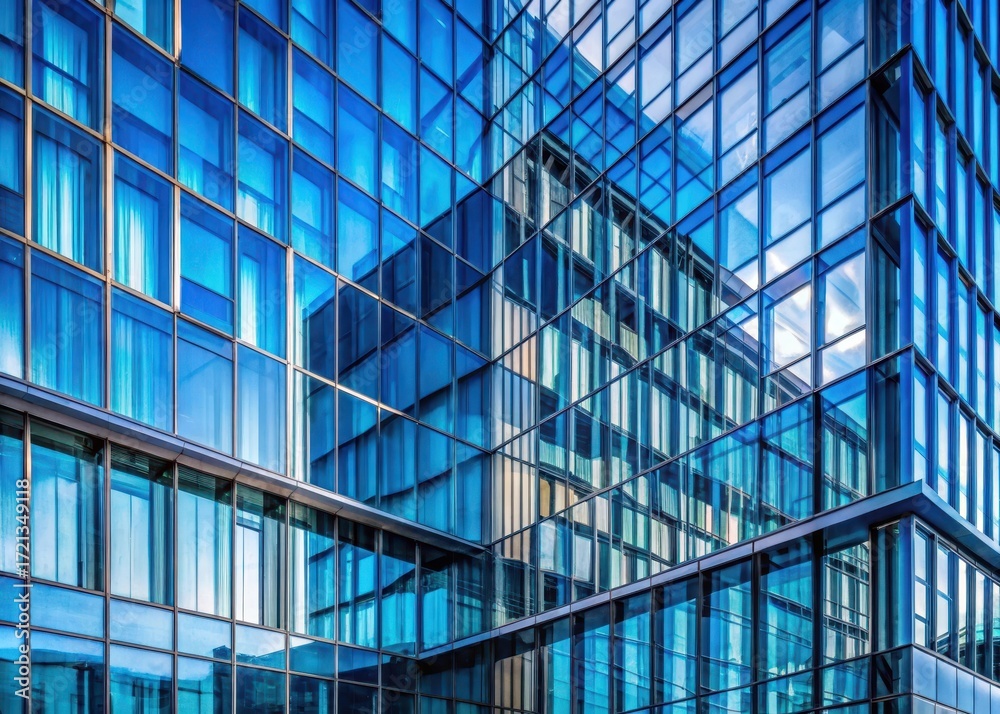 Obraz premium Modern glass building facade with blue windows in a urban landscape