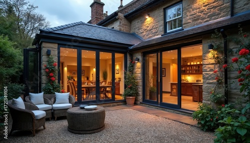 Classic English house exterior with modern extension. Stone facade features large bi-fold glass doors opening to well-lit dining area, kitchen. Outdoor patio with wicker furniture, gravel flooring.
