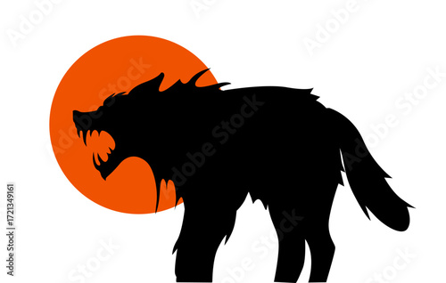 Silhouette of a fierce wolf against a bright red sun on a white backdrop, blending horror and charm.