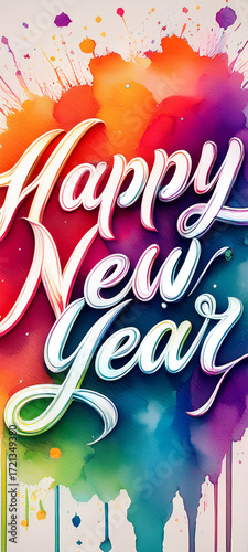 Vibrant Happy New Year Greeting in Bold Script Over Colorful Paint Splash Background