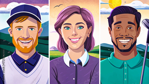 Vector set of golf player on isolated background. Perfect for sports illustrations, winter athlete graphics, game posters, training materials, active lifestyle design, and fitness-related projects.