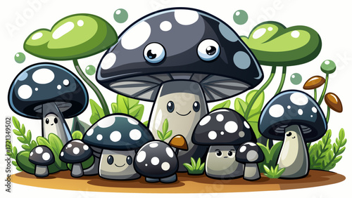 Black and white cartoon illustration of grouped mushrooms isolated on white, playful forest vibe, clean vector art, great for whimsical designs, food graphics, or nature-inspired creative projects.