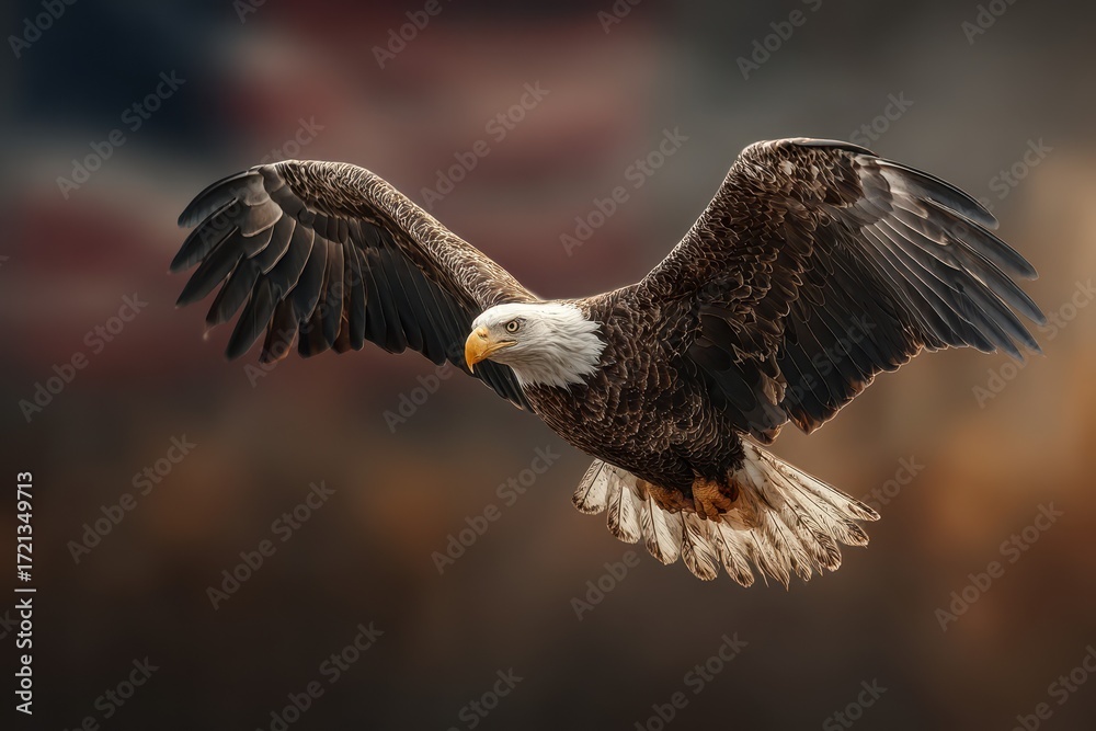 Fototapeta premium Bald eagle soaring through the sky at sunset