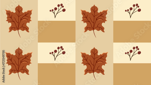 Checkered Pattern With Autumn Fall Leaf 