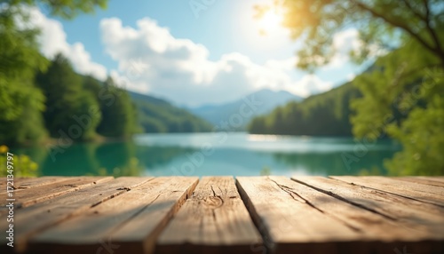 Empty wooden table top with blurred green forest and lake background. Sunny sky, natural landscape perfect for product display or advertising placement. Summer outdoor scene.