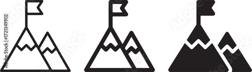 mountain, peak, flag, summit, goal, achievement, icon, set, outline, filled, black, success, top, climb, adventure, exploration, victory, leadership, ambition, aspiration, landscape, nature, graphic, 