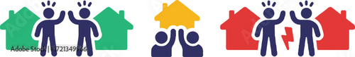 people, house, home, family, community, real estate, housing, icon, symbol, graphic, design, illustration, vector, green, yellow, red, blue, silhouette, two people, waving, high five, partnership, tog