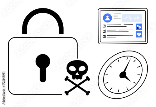 Lock for protection, user profile with analytics, skull for danger, clock for urgency. Ideal for cybersecurity, data protection, privacy issues, hacking, deadlines threat warnings simple flat