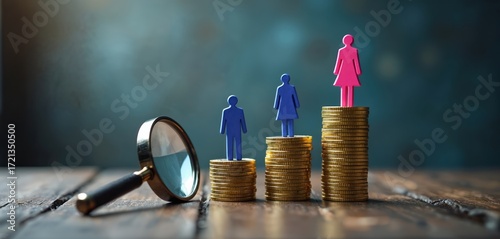 Concept photo illustrating gender pay gap. Figurines stand atop stacks of coins, woman on top, men below. Magnifying glass explores income disparity in business, finance, economics. Equality, wage