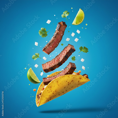Dynamic Steak Taco with Floating Ingredients on Blue Background