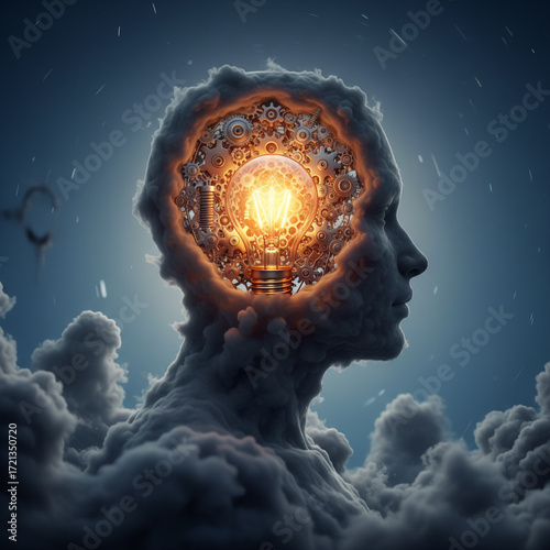 Cloud Head Profile with Illuminated Light Bulb and Gears Creative Thinking Concept art