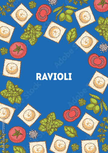 Traditional Italian pasta sketch. Ravioli frame. Italian food. Staple food. Hand drawn vector illustration. Background for packaging, menu. Top view. Not AI