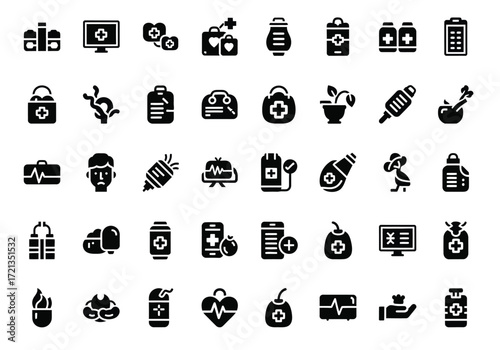 Collection of medical and healthcare icons, including first aid kits, stethoscopes, pills, and other healthrelated symbols