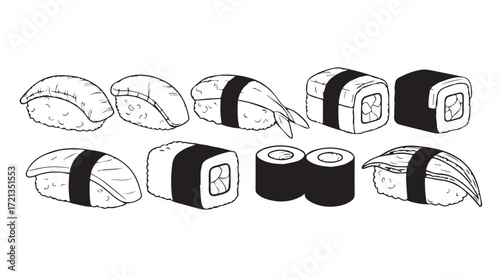 Hand drawn sushi assortment delicious japanese food set on silhouette