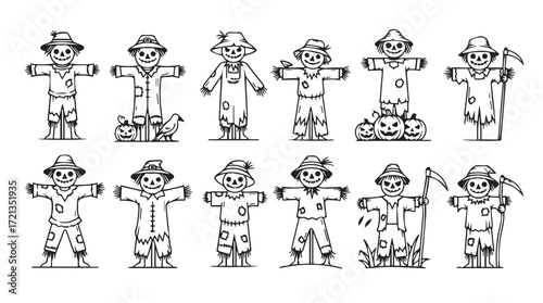 Collection of whimsical scarecrow characters in various outfits and poses for autumn and halloween themes silhouette