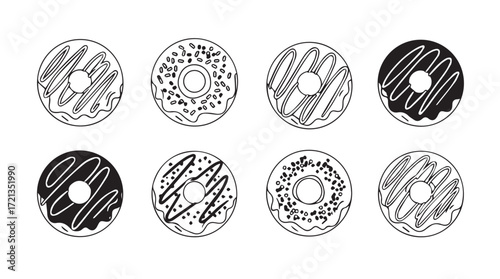 Assortment of delicious doughnuts with colorful frostings and sprinkles isolated on a white canvas silhouette
