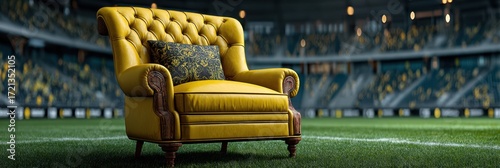 Bright yellow tufted chair placed on a lush green football field during a sports event