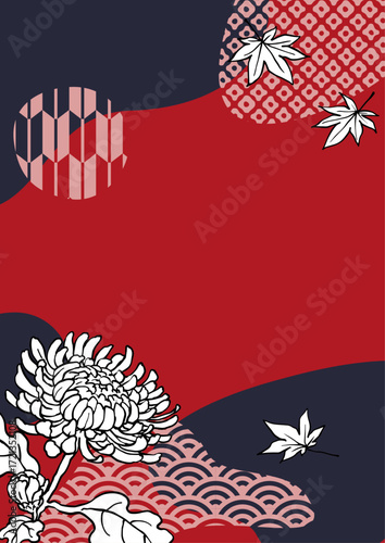 菊と紅葉の和モダン赤色縦背景素材