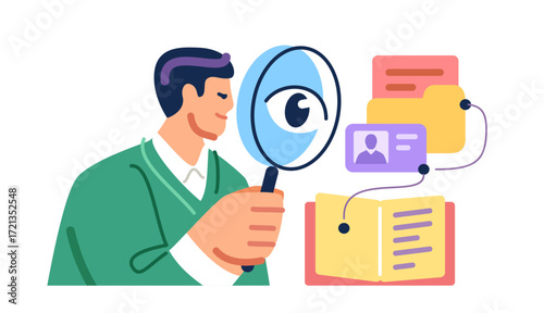 Businessman holding magnifying glass to find files, looking and analyzes documents. File search, inspection of archives