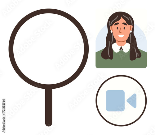 Magnifying glass, smiling woman portrait, and video camera icon. Ideal for search, profile verification, virtual communication, identity, recruitment technology teamwork. Simple flat metaphor