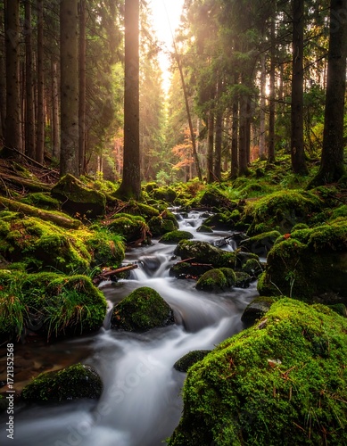 Sunlight streams through autumn forest (2)