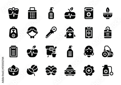 Collection of medical and healthcare icons, including heart rhythm, medicine, apple, blood bag, and medical equipment