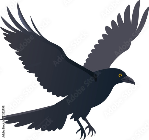 A black bird gliding in the sky, set against a white background.