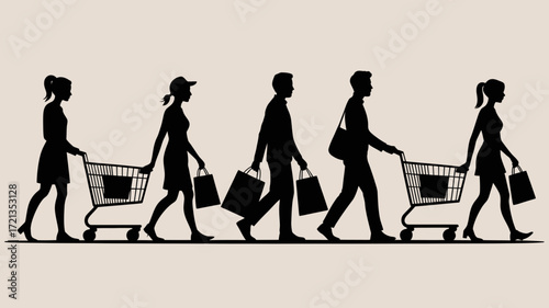 Silhouetted shoppers walk with shopping carts and bags, conveying retail therapy and consumer activity - perfect for advertising campaigns and marketing visuals