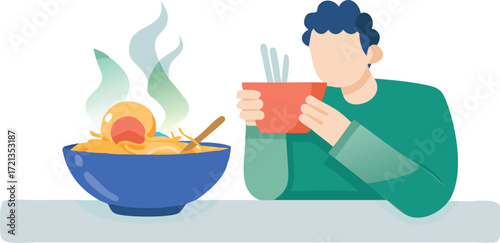 A man relishing noodles and tea, seated comfortably at a dining table.