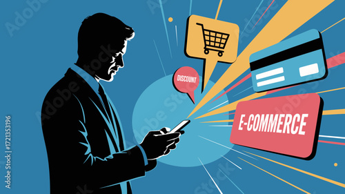 Modern businessman enjoys mobile e-commerce shopping deals, utilizing discounts, credit card options, and convenient cart features for seamless online purchases