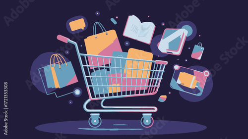 Stylish shopping cart overflowing with books, bags, and devices, perfect for illustrating e-commerce, online learning, and modern lifestyle trends